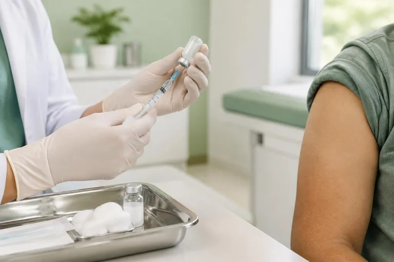AI-generated illustration of an adult receiving a vaccination from a healthcare professional